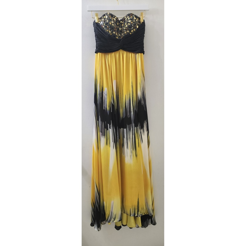 Alyce Designs Yellow Black Abstract Beaded Strapless Formal Gown Dress Size 2